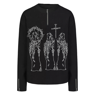 y2k亚文化长袖T恤女早春季十字教徒印花亨利领黑色打底衫休闲上衣