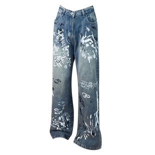 胖胖哥美式高街牛仔裤男春季直筒宽松裤子大码潮牌ins拖地阔腿裤