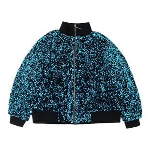 明星同款蓝色亮片演出服男歌手主持人舞蹈ds休闲棒球服夹克外套男