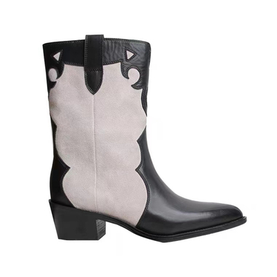 阿希哥同款西部牛仔尖头粗跟短靴