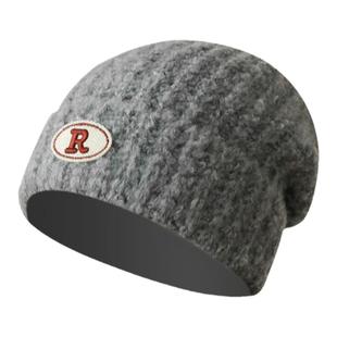 软糯粉红色毛线帽女生韩系R标显脸小堆堆帽慵懒风护耳保暖针织帽