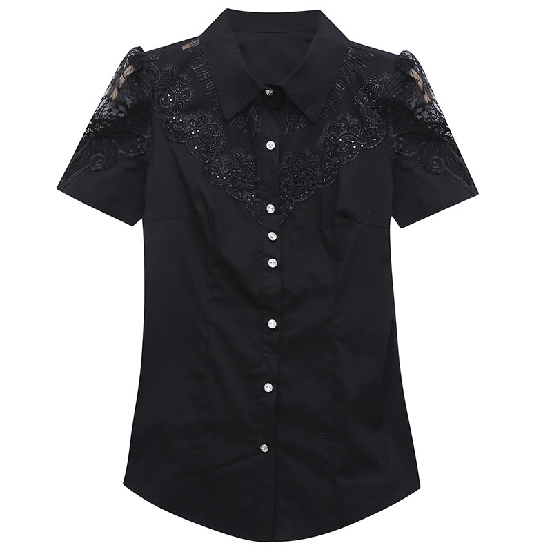短袖衬衣女夏2025新款花边刺绣烫钻衬衫气质显瘦镂空上衣打底衫潮