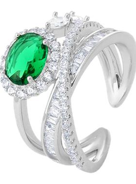 祖母绿复古锆石可调节开口指环不掉色戒指女小众高级轻奢食指戒