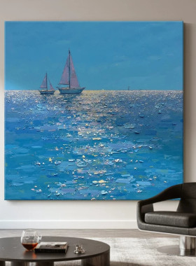 意式简约一帆风顺客厅装饰画蓝色大海帆船肌理纯手绘油画玄关挂画