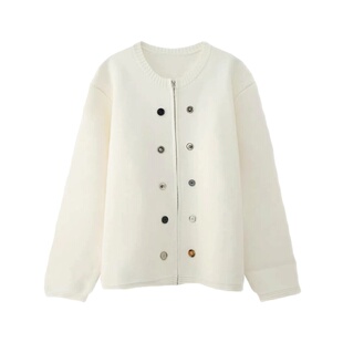 THREENINE 小众设计感宽松针织开衫纽扣装饰纯色圆领毛衣外套男女