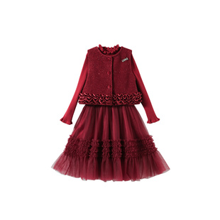 女童裙子冬季2025新款中大童女孩国潮红色过年服秋冬儿童冬装套装