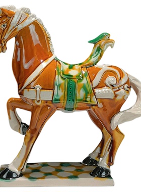 唐三彩抬蹄陶瓷对马摆件