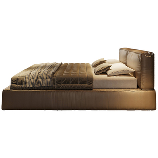 棕色中古风高端真皮床双人床2米x2米2主卧大床简约现代佛山家具