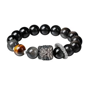 中国黄金珍尚银天然黑曜石手串纯银手链男新年生日礼物送男友s925