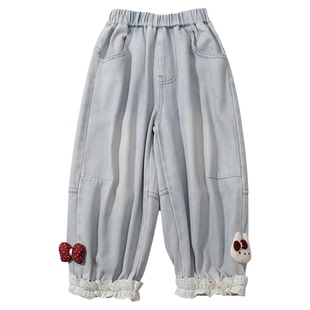 女童裤子春装2026新款儿童洋气灯笼裤宝宝春秋季超好看炸街牛仔裤