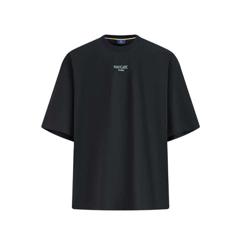 [张新成同款]Navigare小帆船圆领短袖T恤男夏季黑色宽松体恤上衣
