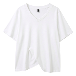 特大码女装深V领全棉T恤短袖宽松藏肉遮肚子200斤胖妹妹m百搭上衣