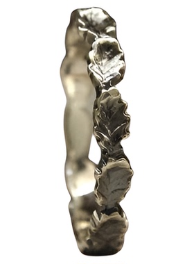 情侣纯银橡树叶花环树皮雕刻戒指