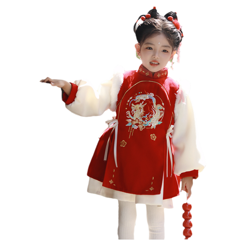 拜年服女童2025新款红色唐装汉服冬季过年喜庆服冬装儿童新年衣服