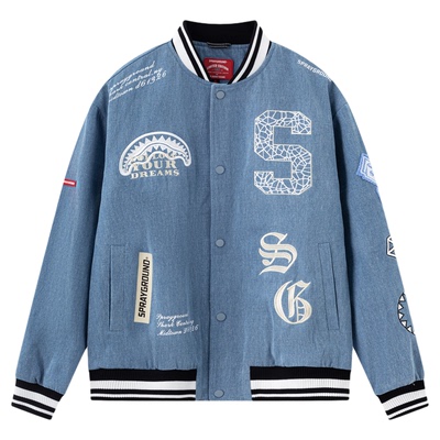 SprayGround鲨鱼嘴2026春新款字母刺绣牛仔棒球服男美式宽松外套
