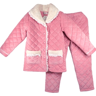 秋冬季水晶绒绒睡衣女冬三层夹棉加厚法兰绒保暖加绒棉袄家居服