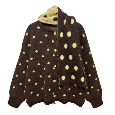 2025冬季新款可爱千禧风撞色波点围巾毛衣宽松慵懒风针织开衫外套