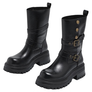 exull/依思Q厚底马丁靴女2025新款秋季西部中筒骑士靴美拉德短靴