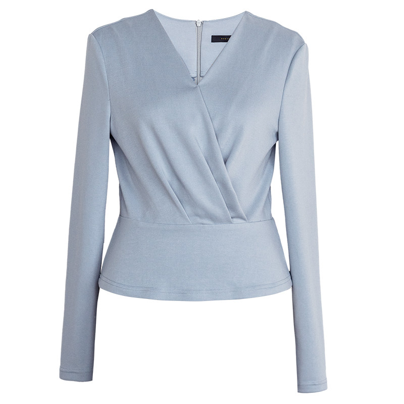 罗衣收腰V领蓝色修身针织衫衬衫女春季弹力褶皱精致上衣T恤10124