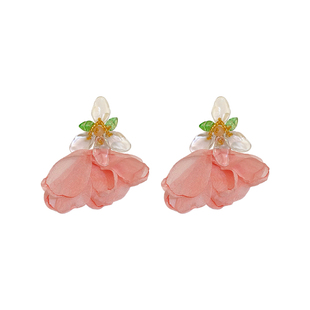 森系粉色雪纺花瓣耳环温柔甜美氛围感繁花耳钉夏日海边度假风耳坠