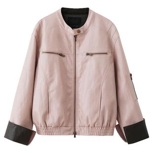 夕蒙2026新款春韩系气质上衣流行高级感酷炫风小个子粉色皮衣外套