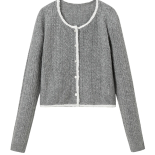 乐町精致织边长袖开衫女春款清甜格雷系针织衫上衣正肩合体外套