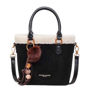 复古麂皮毛绒手提包包女秋冬焦糖色斜挎小托特包带拉链通勤水桶包