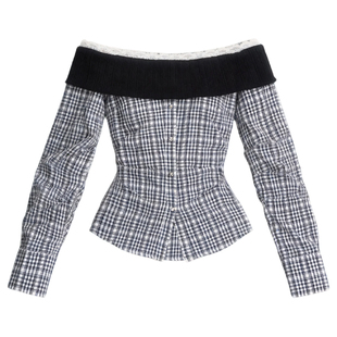 fragileheart易碎商店·纯欲甜辣早春格纹长袖一字肩上衣修身衬衫