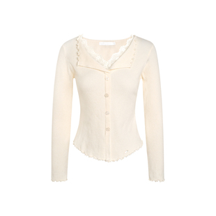 张籽沐同款 Kroche 假两件 浪漫蕾丝拼接翻领木耳边针织打底开衫