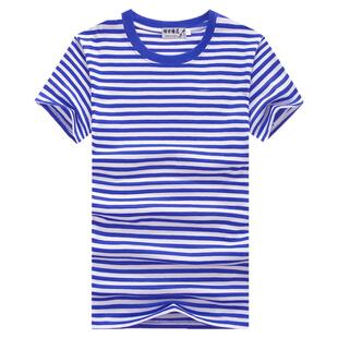 夏季海魂衫女款圆领短袖t恤蓝白条纹情侣半袖T学生亲子装班服工服