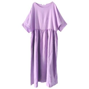 Miss原创女装夏款气质香芋紫袍子连衣裙 宽松显瘦大摆高档纯亚麻