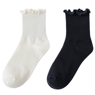 木耳边jk袜子女中筒袜春秋玛丽珍小皮鞋搭配夏季黑白色花边堆堆袜