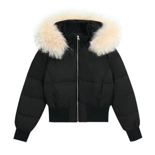 pusumede 真貉子毛领！90白鸭绒连帽外套女高级保暖短款羽绒服