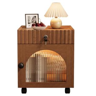 实木床头柜带锁家用卧室带轮可移动小矮柜40cm宽30公分窄柜床边柜