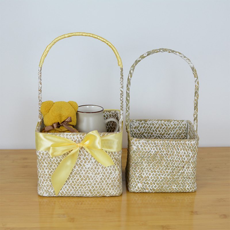 手工编织收纳防尘置物篮婚庆白色手礼礼盒伴郎伴娘提篮伴手伴满月
