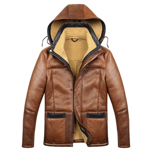 新款原生态皮毛一体男真皮皮衣绵羊皮加厚外套冬季连帽款皮草夹克
