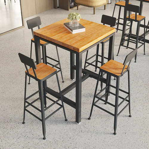 咖啡店高脚桌长桌子家用现代酒吧奶茶靠墙桌椅组合吧台桌铁艺实木