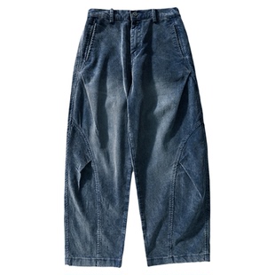 蓝色纯棉直筒灯芯绒休闲裤春季新款男生宽松休闲复古做旧工装裤男