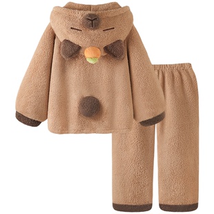 珊瑚绒睡衣女冬季可爱卡皮巴拉加厚连帽套装秋冬新款保暖家居服