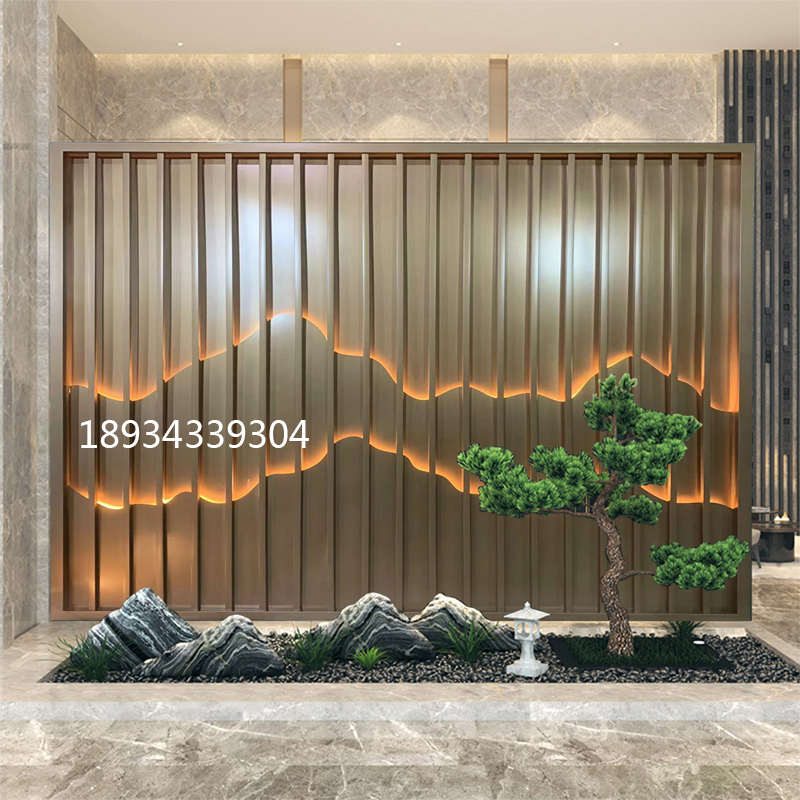 不锈钢假山屏风隔断户外金属格栅山水背景墙庭院景墙新中式影壁墙