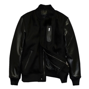 桑尼福利羊毛呢拼接头层牛皮袖男棒球服夹棉御寒短款真皮皮衣夹克