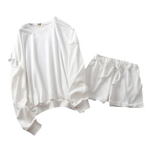 现货时尚套装韩国东大门女春秋宽松大码露肩性感破洞卫衣短裤休闲