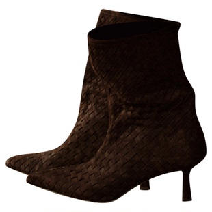 Le' Murmure 秋冬季新款羊反绒高跟中筒靴尖头女靴气质时装靴潮