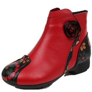 2025春秋新款真皮妈妈鞋棉鞋短靴加绒加厚平底女靴子防滑红色棉靴