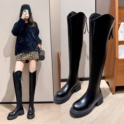 35-43大码粗腿大筒围过膝靴女皮面胖mm显瘦长筒靴厚底长靴高筒靴