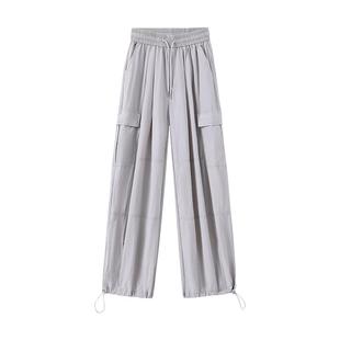 灰色工装阔腿裤女夏季胖mm冰丝速干休闲裤大码宽松显瘦运动直筒裤