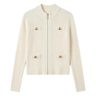 VogoPetite新款100%山羊绒 古铜色金属扣双开头拉链修身显瘦开衫