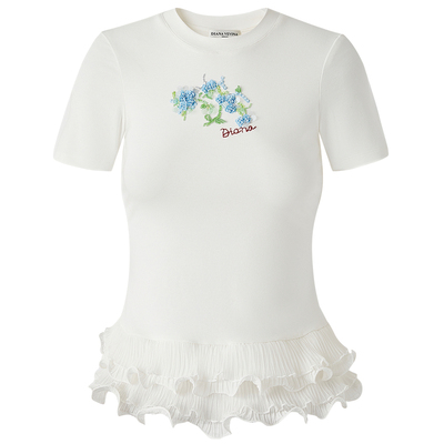 DIANAVEVINA2026春夏新款拼接荷叶边立体钉珠短袖女修身休闲T恤