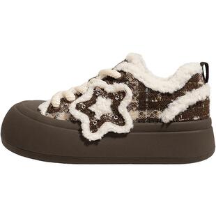 TTKJ加绒胖星鞋女鞋秋冬大头星星板鞋毛毛休闲运动面包鞋厚底棉鞋