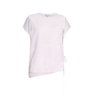 ZHUCHONGYUN夏新品粉白色简约镂空抽褶设计感短袖T恤上衣